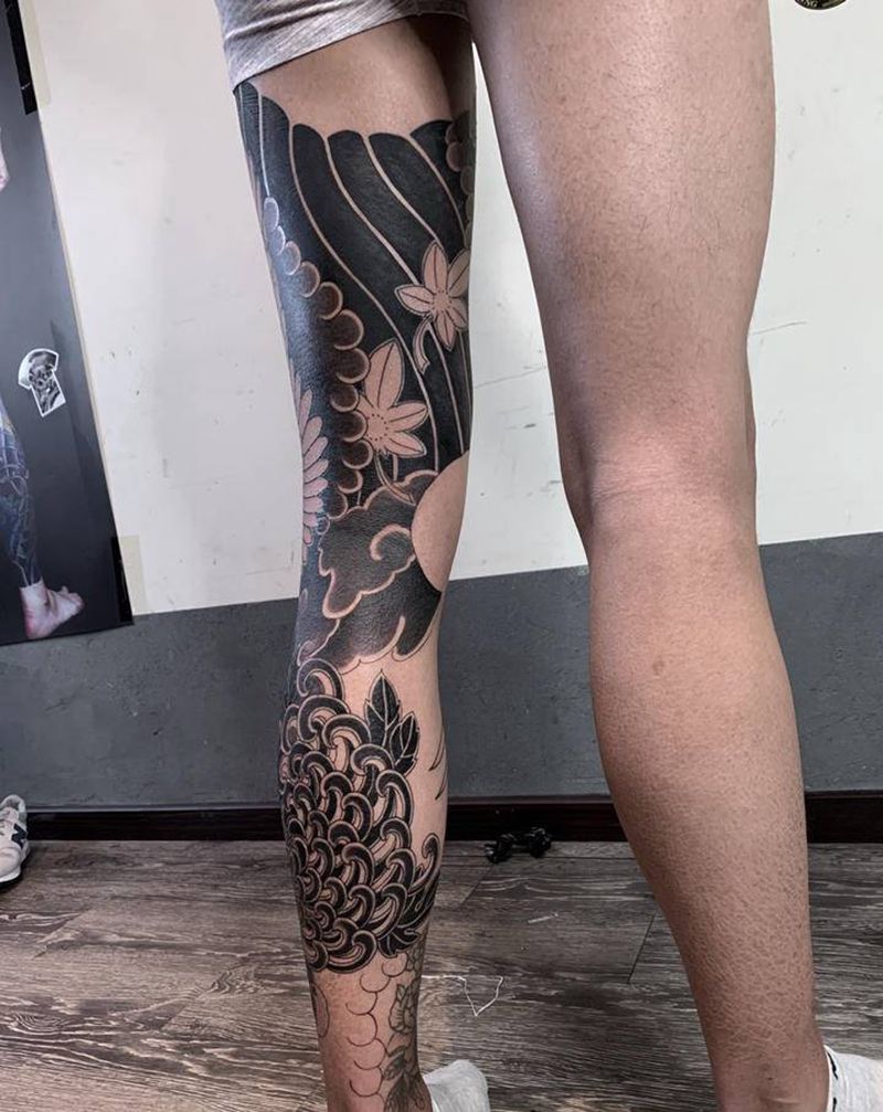 花腿纹身纹身图片_腿部老传统义雕堂纹身图案