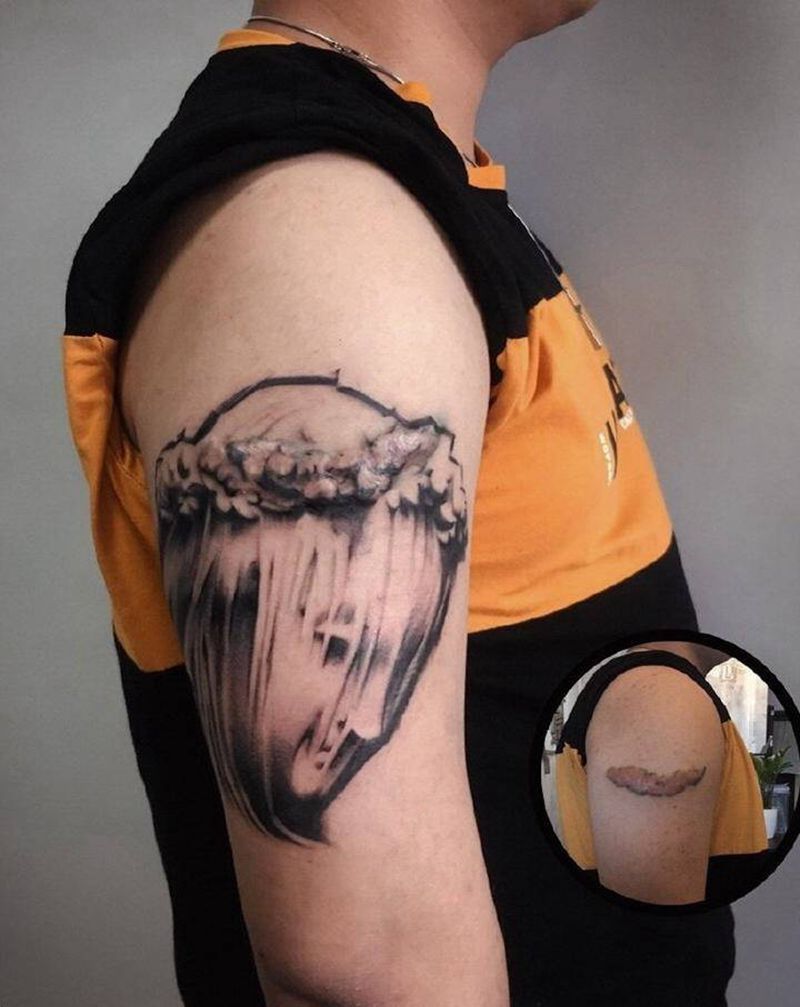 疤痕遮盖，花臂未完纹身图片_手臂欧美写实纹身图案