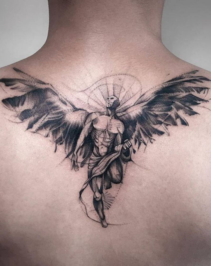 天使【根作品】纹身图片_背部颈部欧美写实速写天使纹身图案