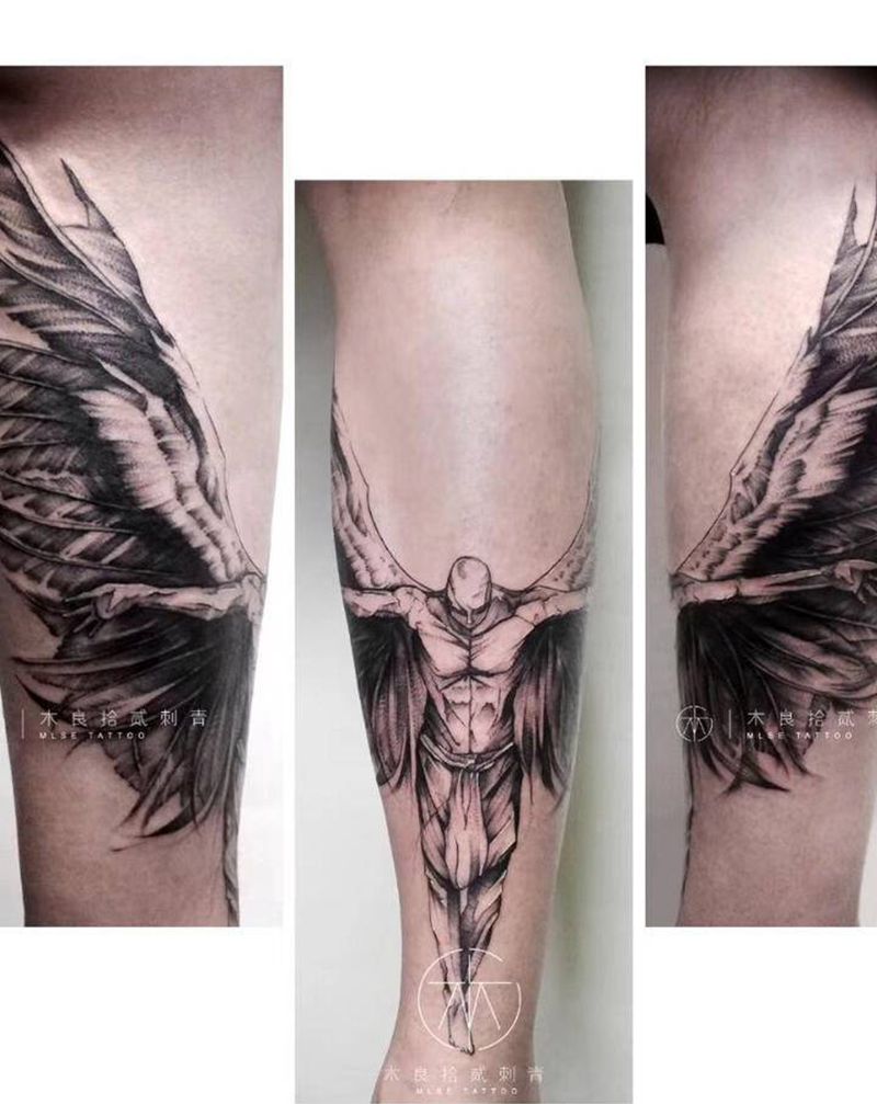 小腿天使【丰作品】纹身图片_腿部欧美写实天使纹身图案