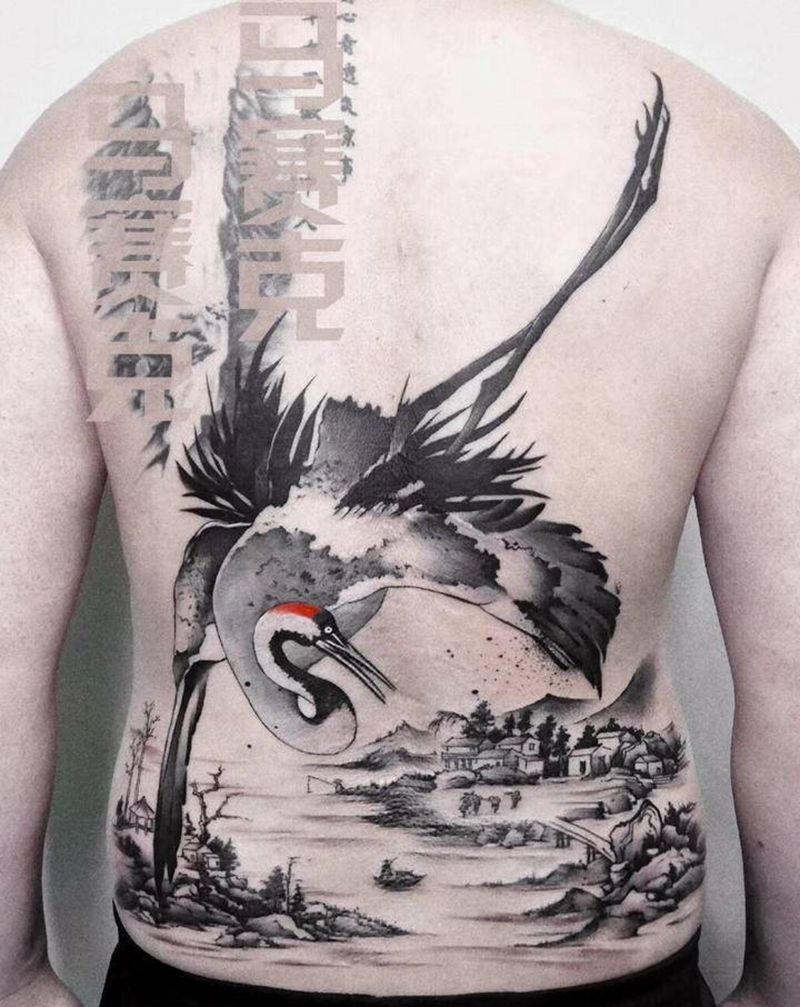 仙鹤【丰作品】纹身图片_背部水墨国画仙鹤山水纹身图案