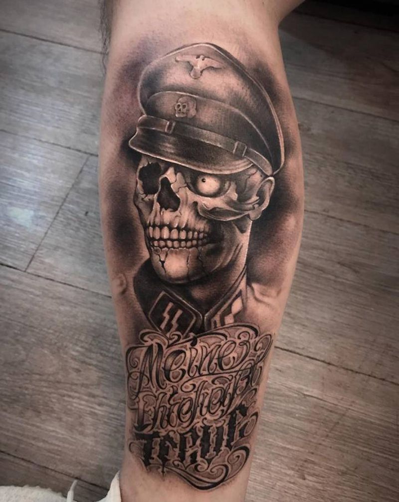 写实骷髅奇卡诺【根作品】纹身图片_腿部欧美写实花体字奇卡诺骷髅纹身图案