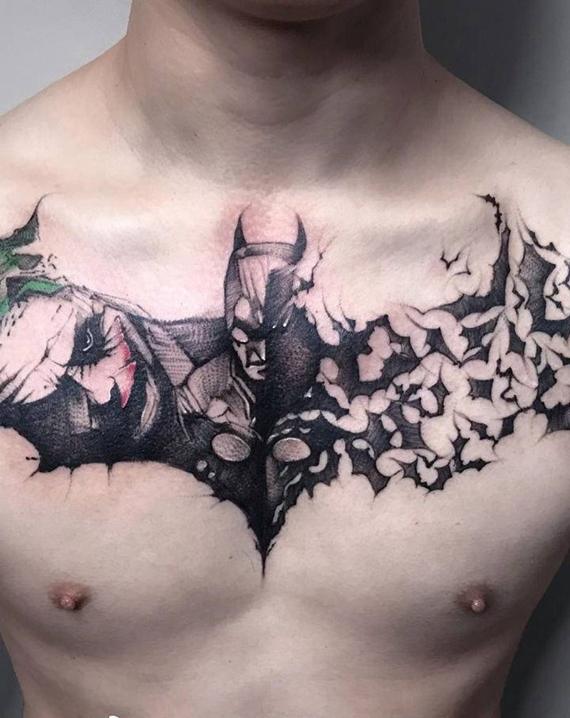 蝙蝠侠小丑【根作品】纹身图片_胸部欧美写实小丑蝙蝠侠速写纹身图案