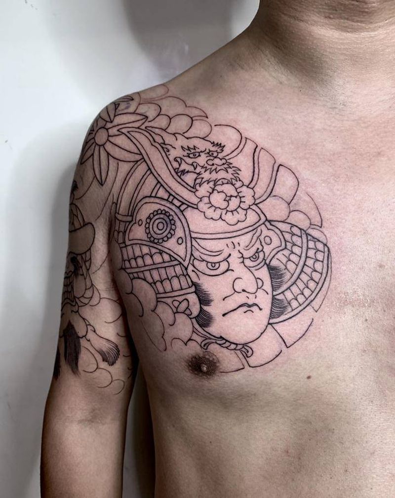 天狗武士半胛线条纹身图片_手臂胸部老传统义雕堂纹身图案