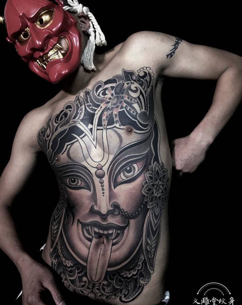 迦梨女神纹身纹身图片_腹部胸部东方传统纹身图案