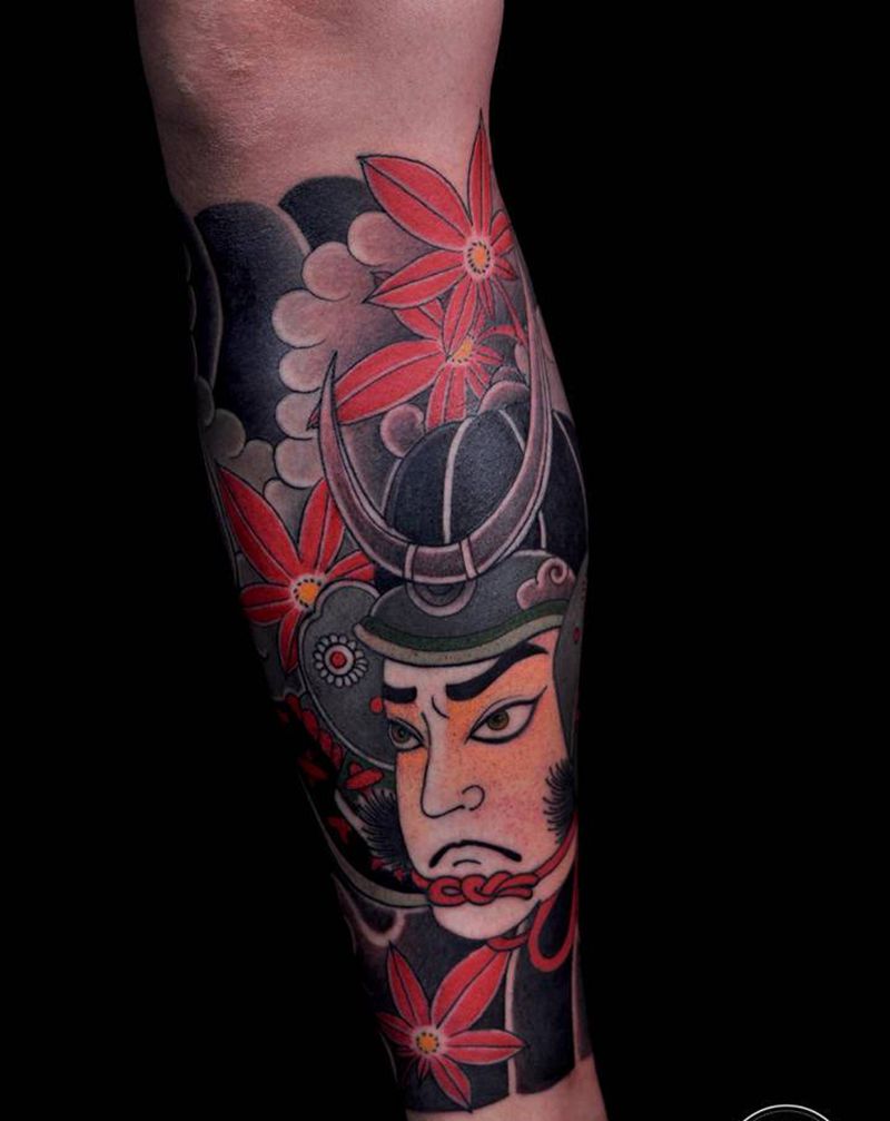 小腿～武士与福神纹身图片_腿部老传统重庆纹身图案