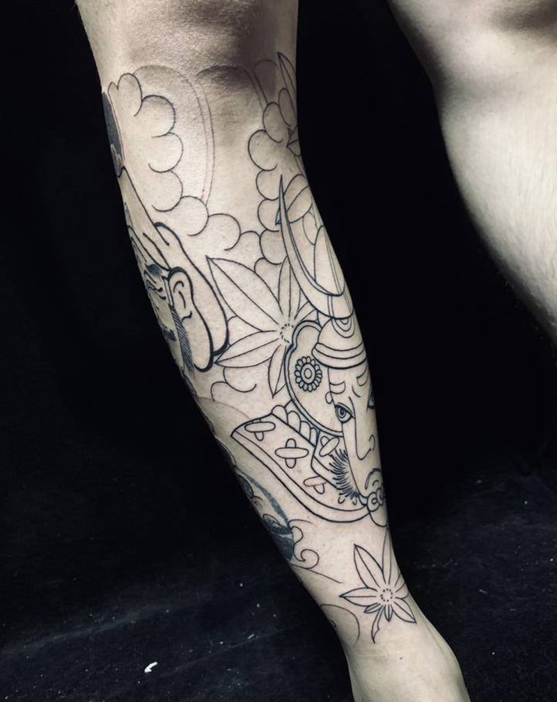 小腿日本武士纹身图片_老传统重庆纹身图案