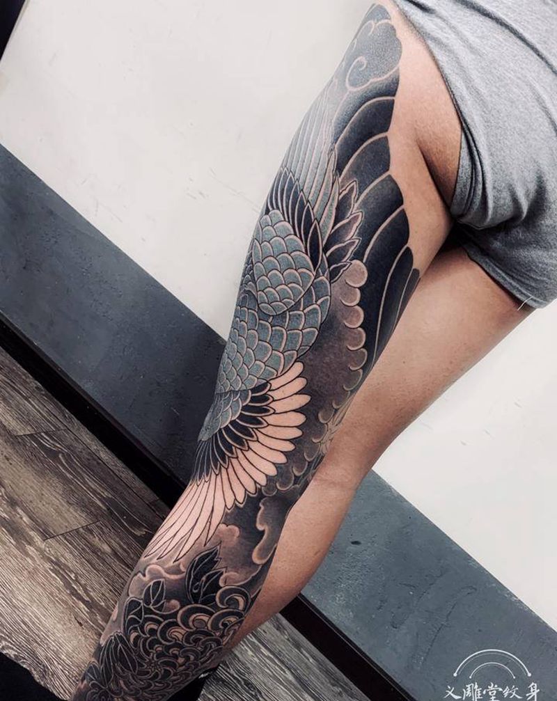 腿上的鹤纹身图片_老传统义雕堂刺青纹身图案