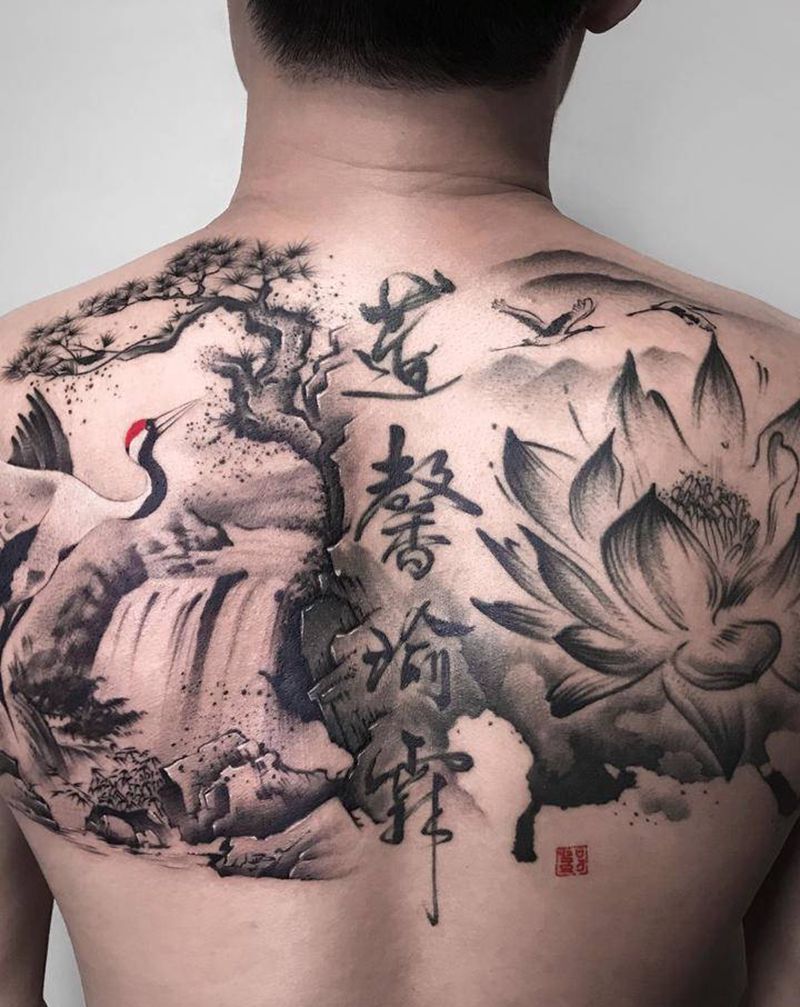 国风【根作品】纹身图片_背部水墨中国风仙鹤山水纹身图案