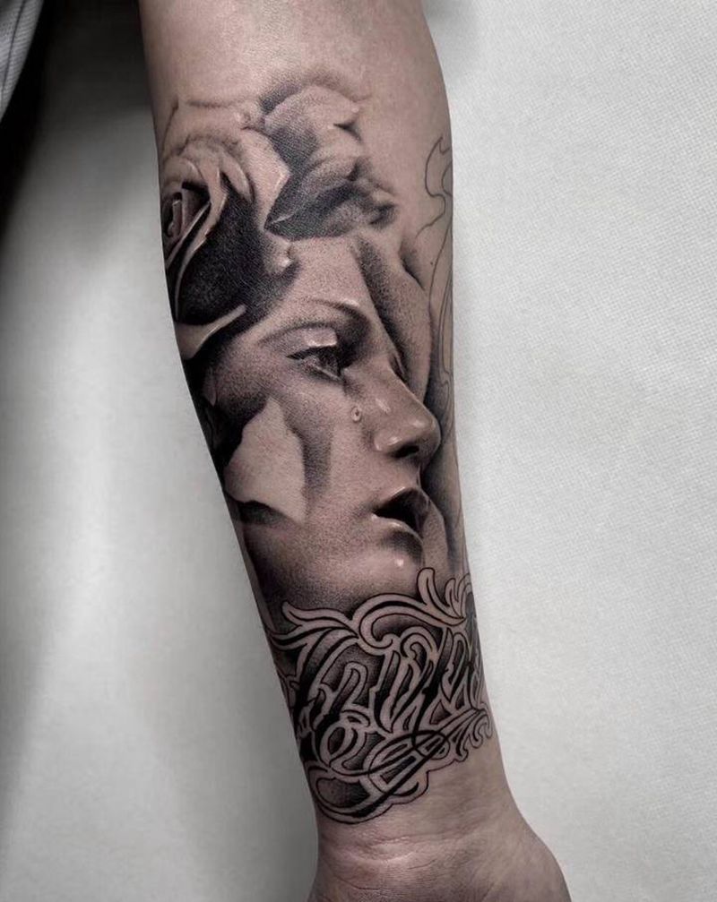 欧美人物写实纹身图片_手臂欧美写实玫瑰奇卡诺人物纹身图案