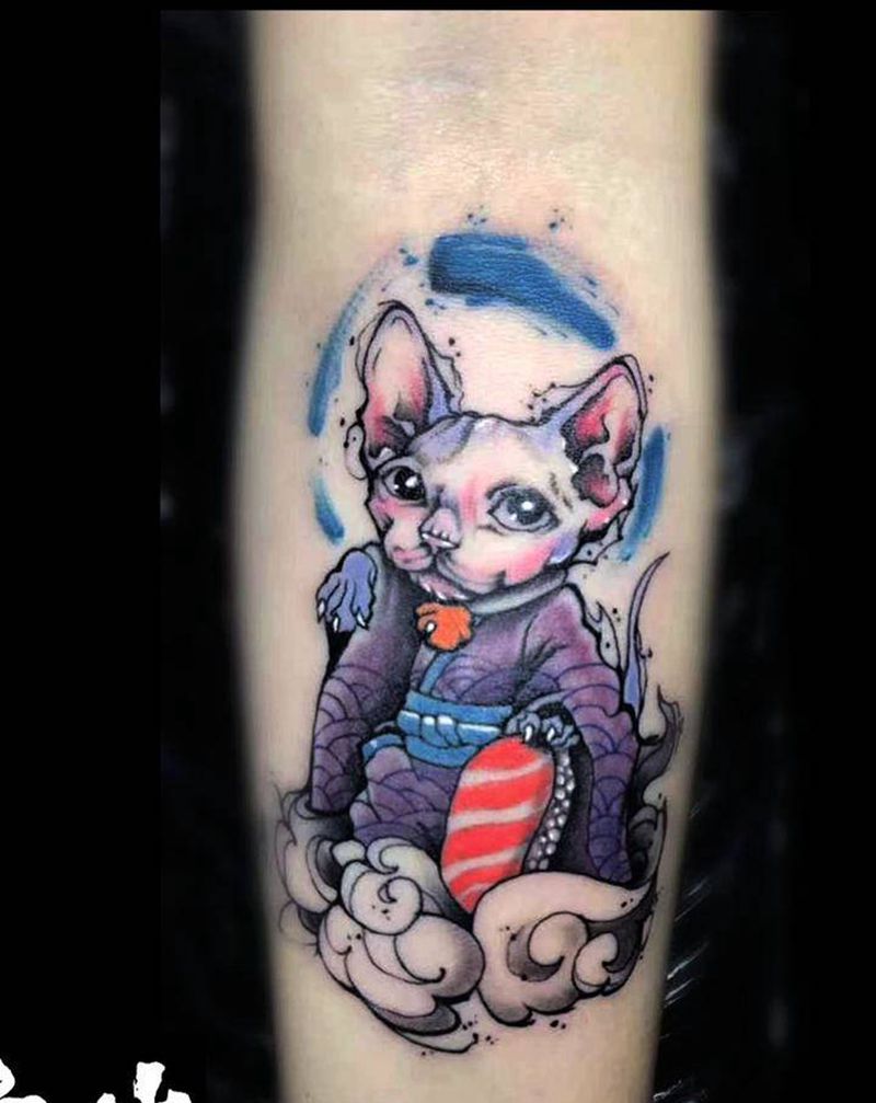 招财猫纹身图片_手部New School纹身图案