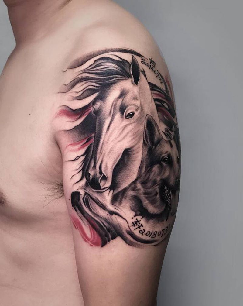 写实+水墨【根作品】纹身图片_手臂欧美写实水墨马狗纹身图案