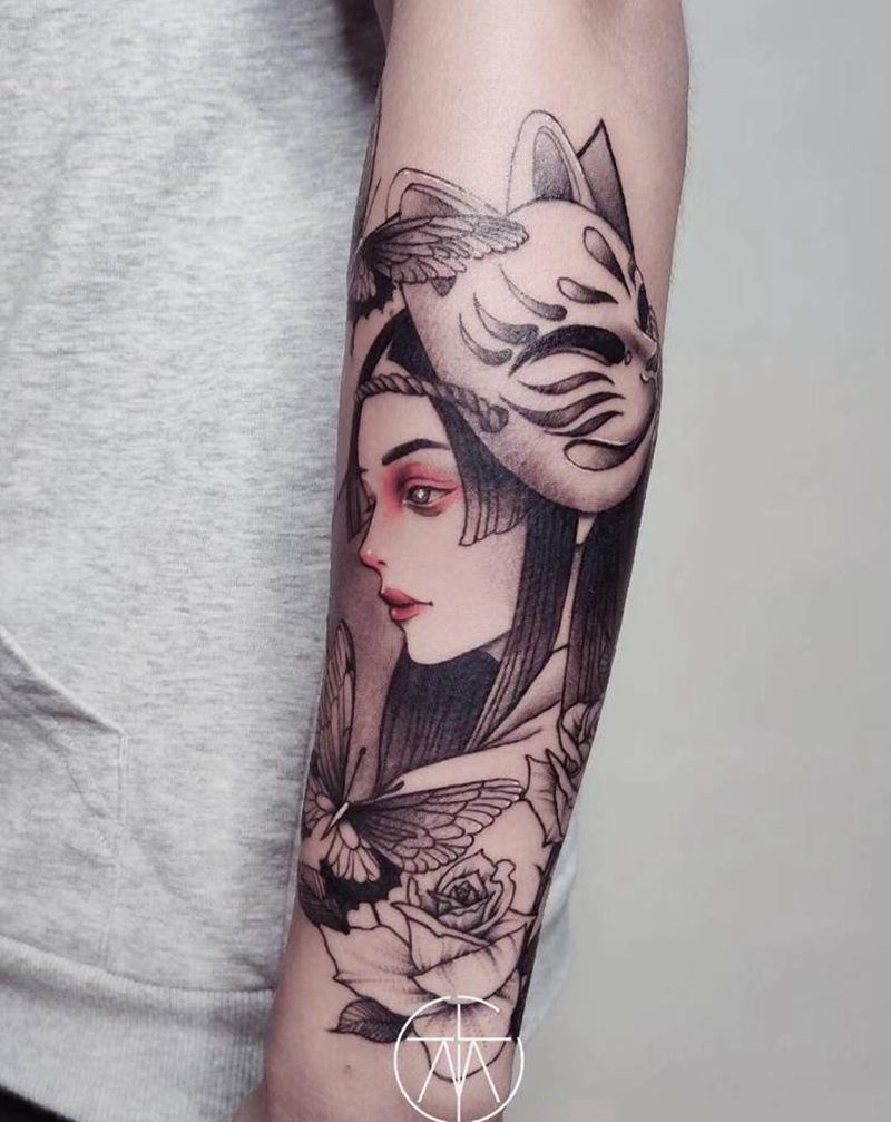 【丰作品】纹身图片_手臂新传统艺妓面具纹身图案