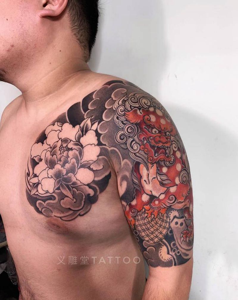 唐狮子半胛纹身纹身图片_老传统纹身图案