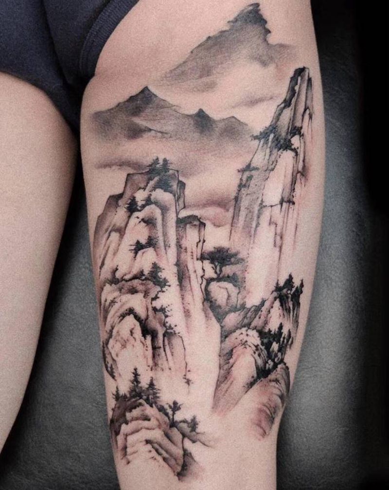 山水【丰作品】纹身图片_腿部水墨山水纹身图案