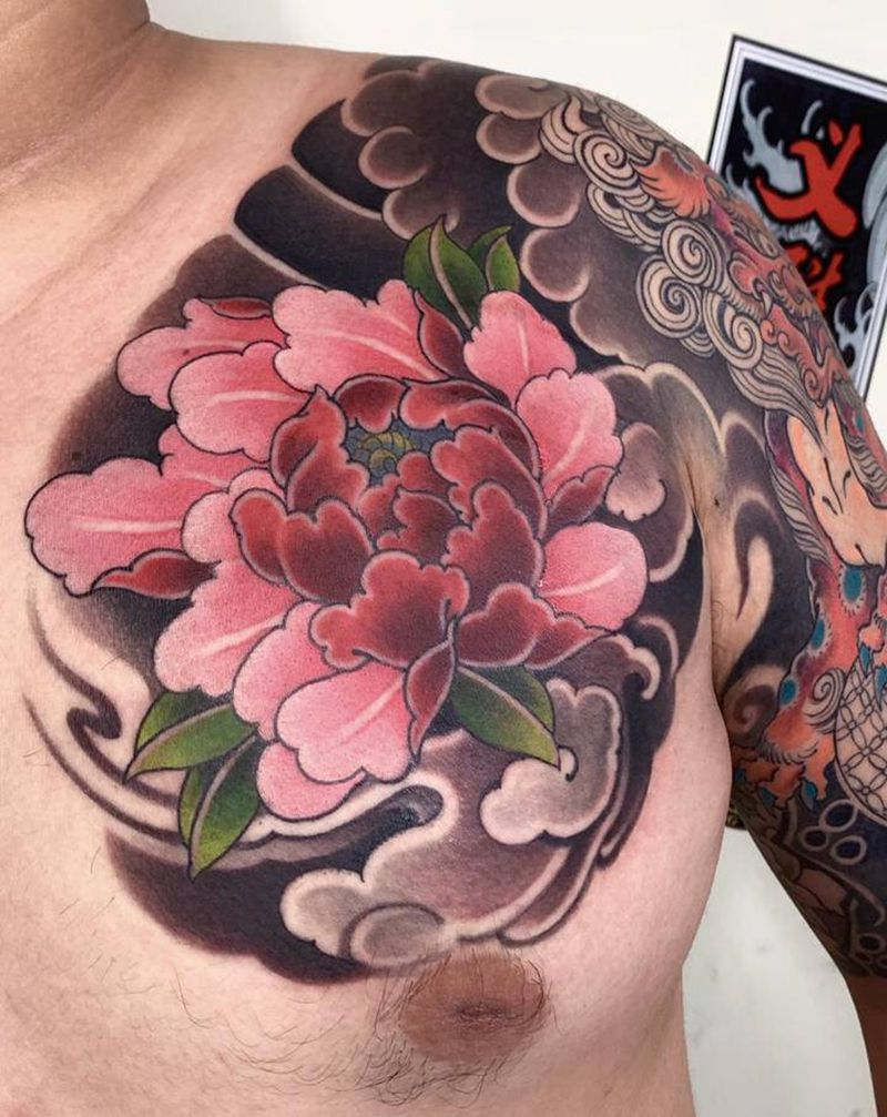 牡丹花纹身纹身图片_胸部新传统重庆纹身图案