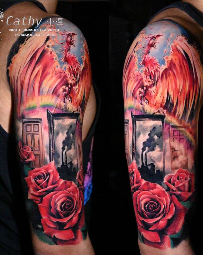 凤凰门纹身图片_手臂肩部New School欧美写实玫瑰凤凰仟纹身图案