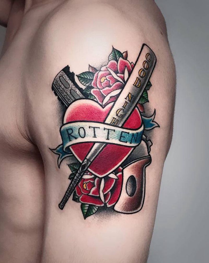 Oldschool【根作品】纹身图片_手臂Old School原创手枪桃心纹身图案