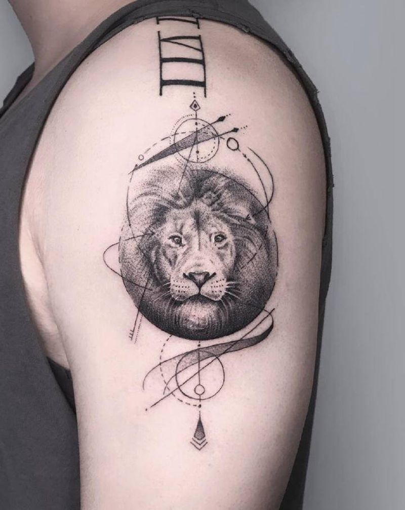 狮子【根作品】纹身图片_手臂几何点刺狮子原创纹身图案