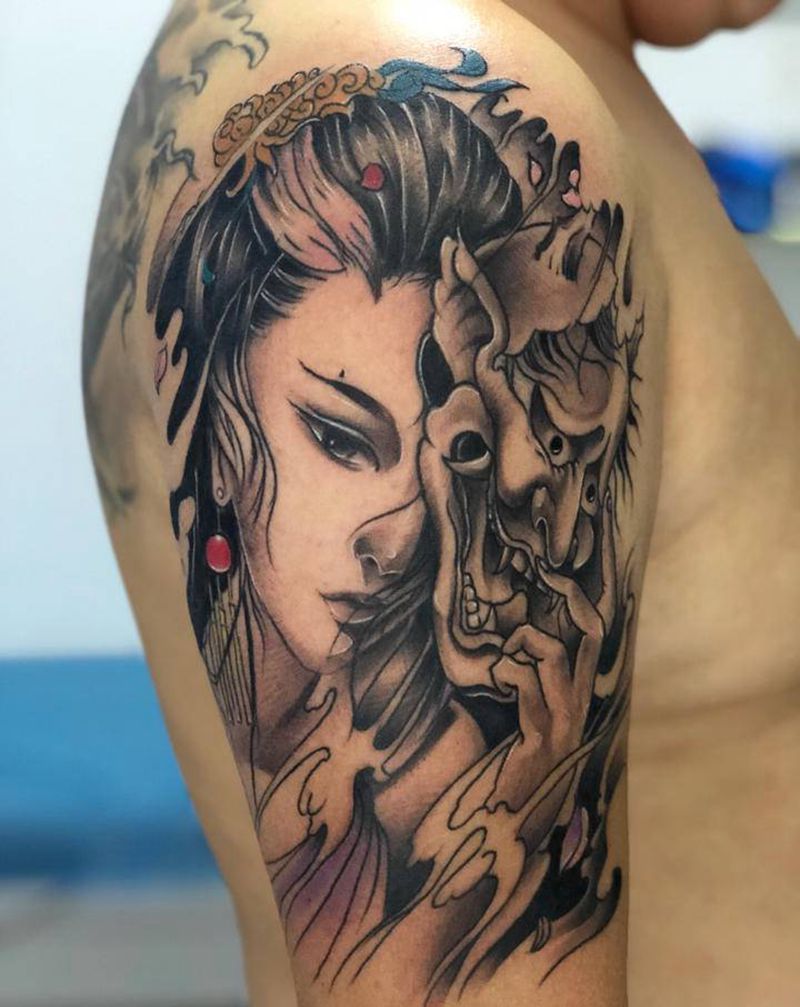 艺妓纹身图片_手部新传统纹身图案