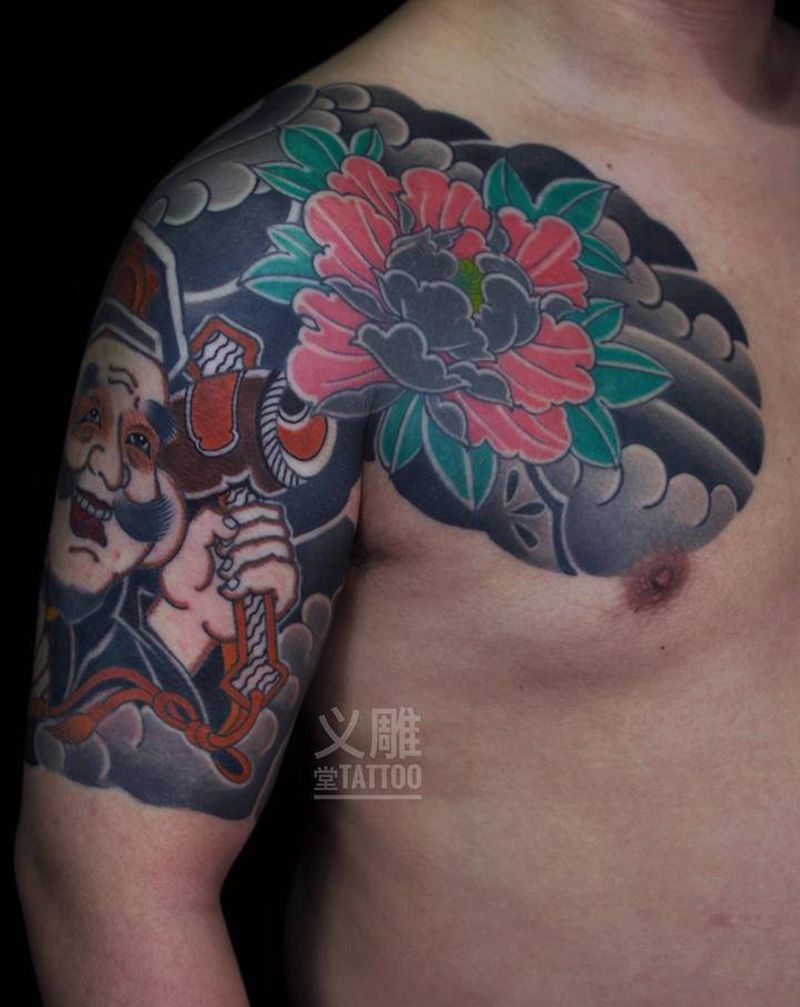 大黑天牡丹纹身纹身图片_老传统日式传统纹身图案
