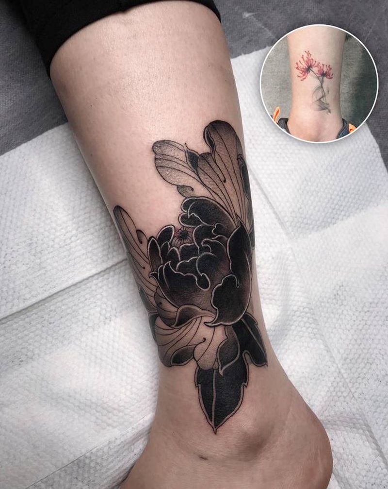 牡丹遮盖【根作品】纹身图片_腿部老传统牡丹遮盖纹身图案