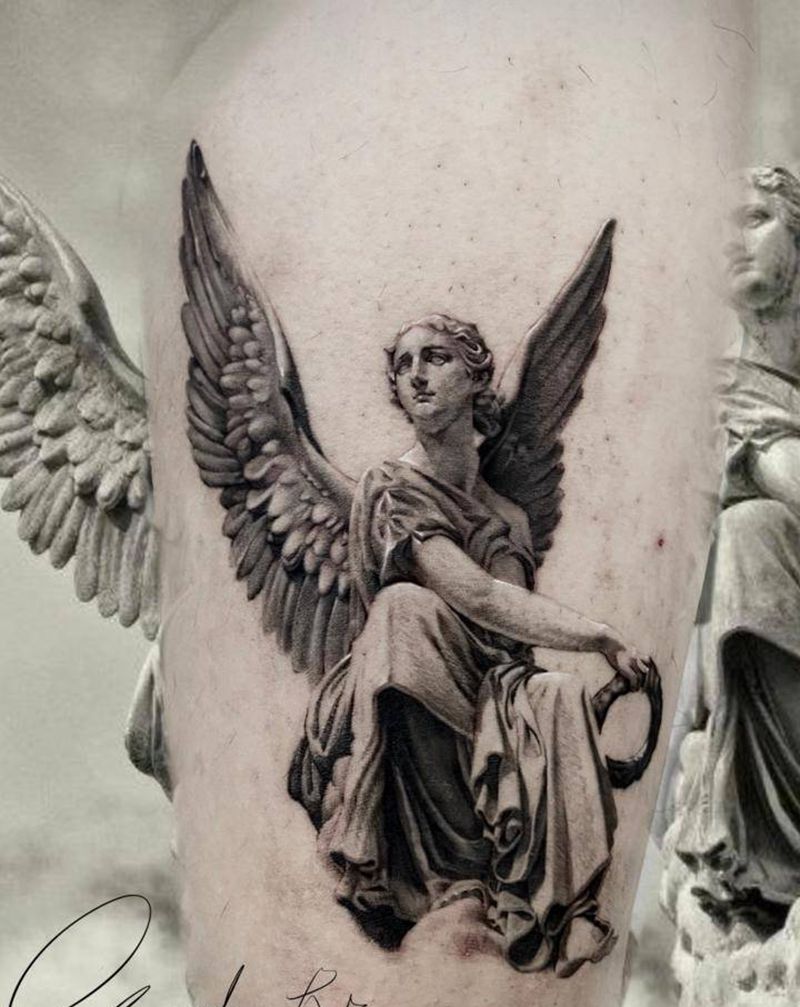 天使纹身图片_腿部欧美写实天使纹身图案