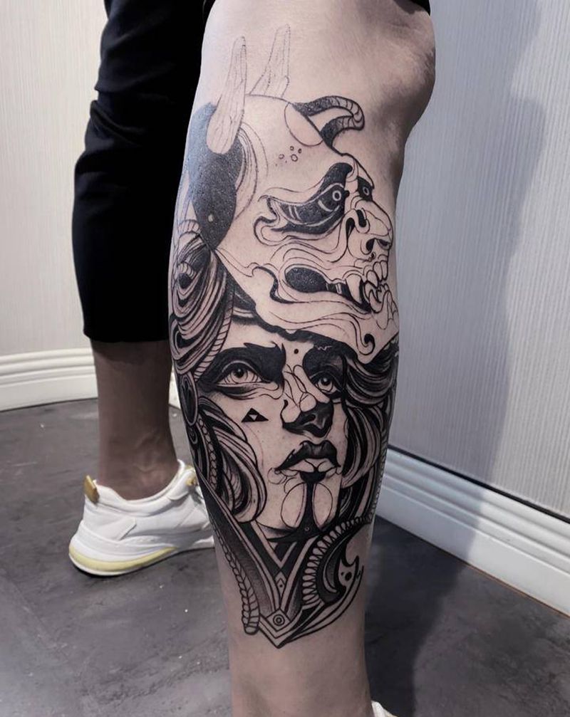 班诺女孩纹身图片_腿部纹身图案