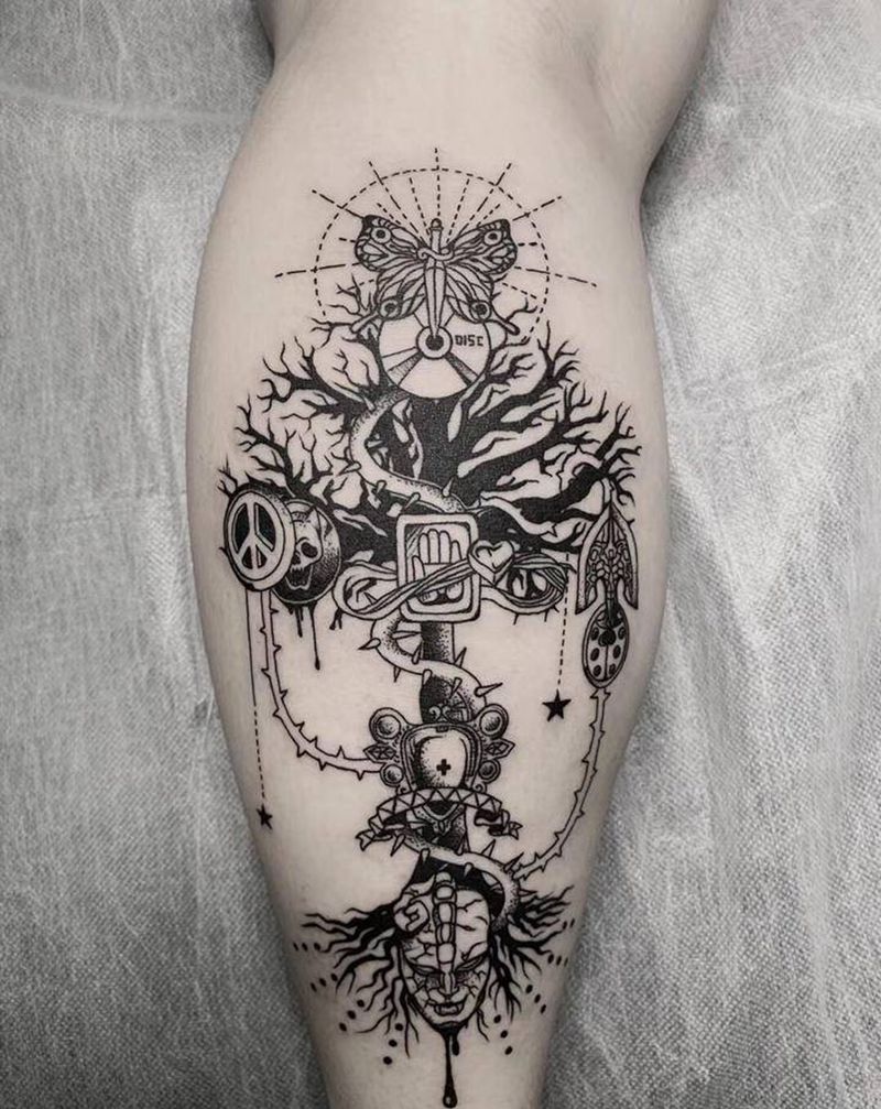 原画【大涵作品】纹身图片_腿部Old School几何原画插画原创纹身图案