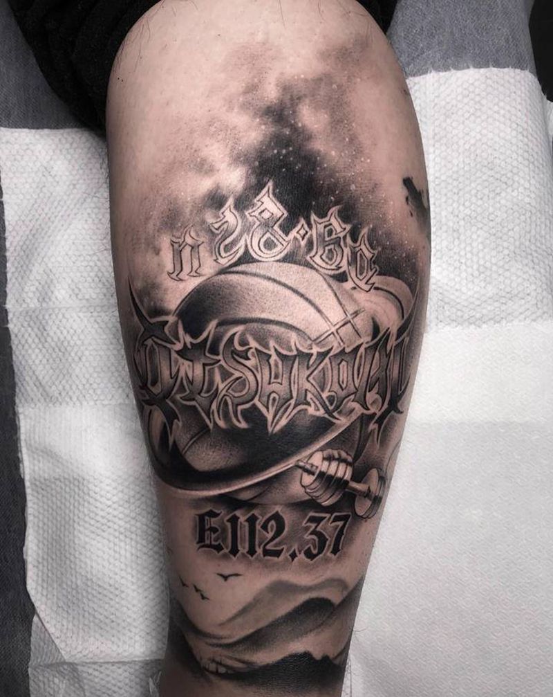 篮球【根作品】纹身图片_腿部欧美写实原创篮球纹身图案