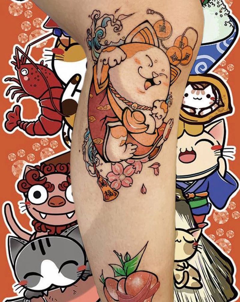招财猫纹身图片_腿部新传统卡通招财猫纹身图案