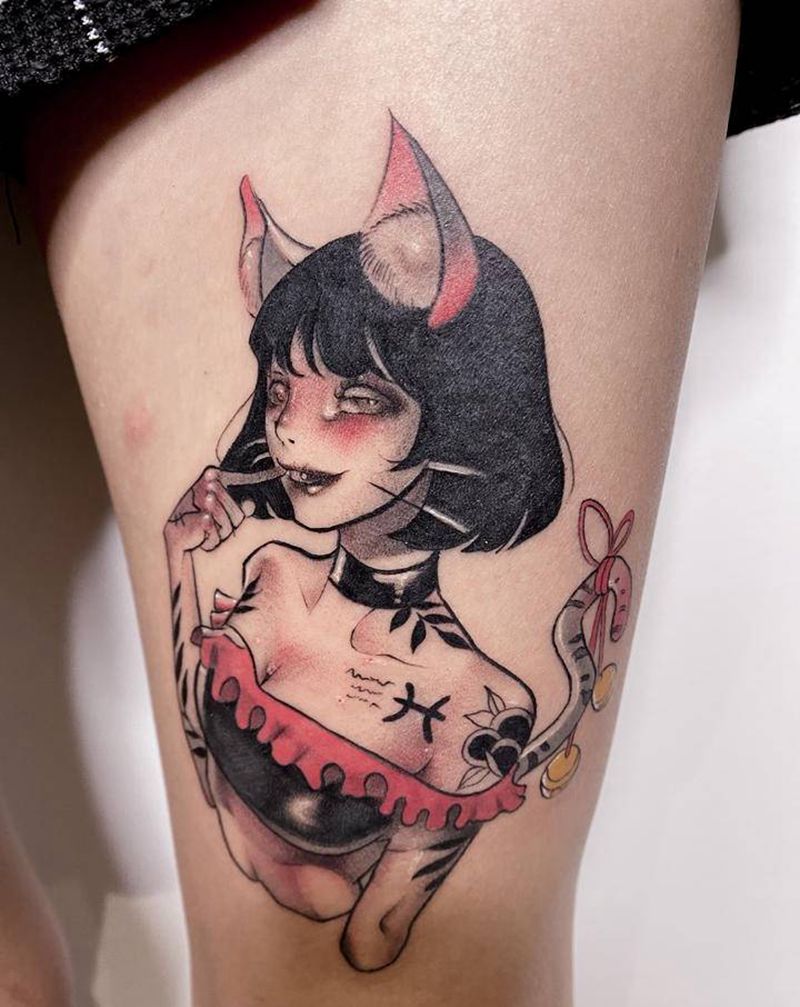 猫女纹身图片_腿部New School纹身图案