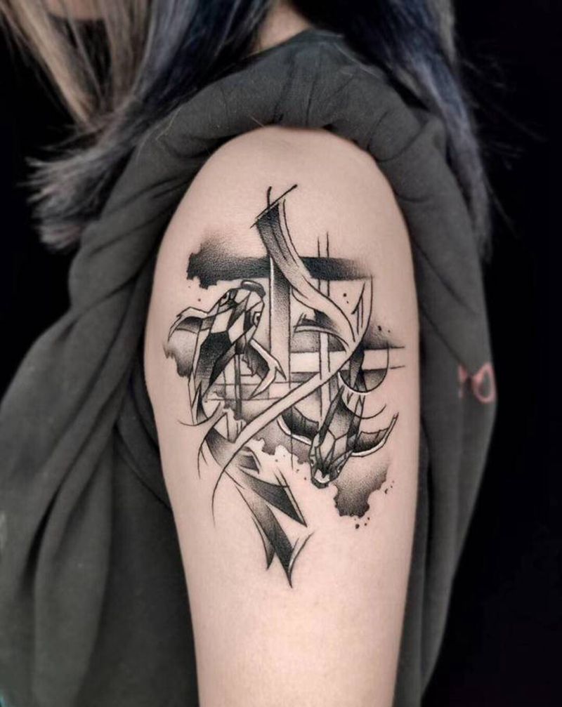 双鱼【丰兄作品】纹身图片_手臂几何水墨双鱼原创纹身图案