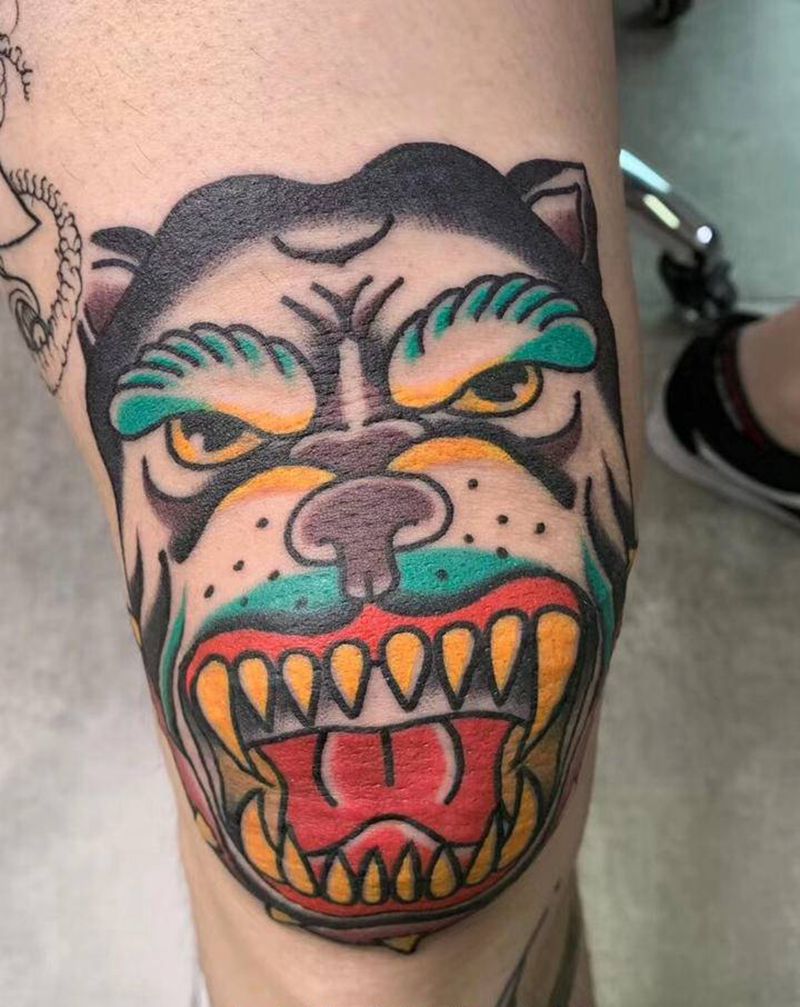 膝盖狗狗【大涵作品】纹身图片_腿部Old School狗原创膝盖纹身图案