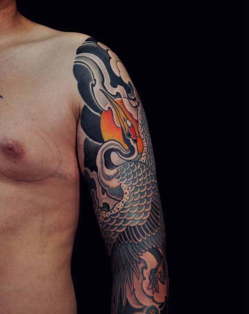 鹤臂局部纹身图片_手臂老传统重庆纹身图案