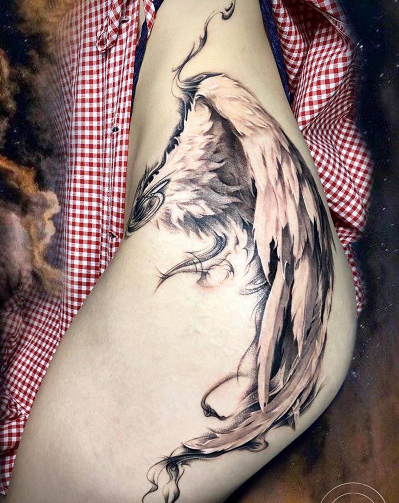 翅膀纹身图片_臀部腰部欧美写实水墨翅膀天使烟雾纹身图案