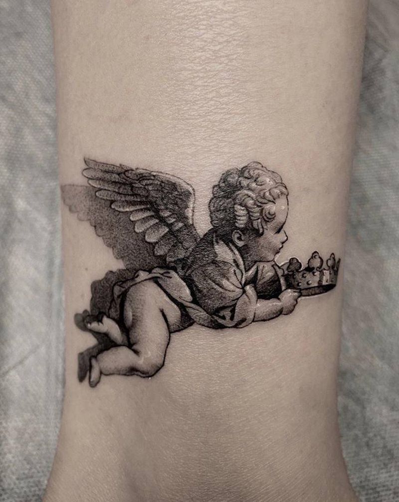 点刺写实天使纹身图片_脚部点刺纹身图案