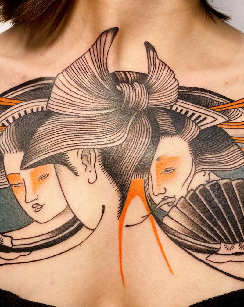 三面艺妓纹身图片_胸部New School纹身图案