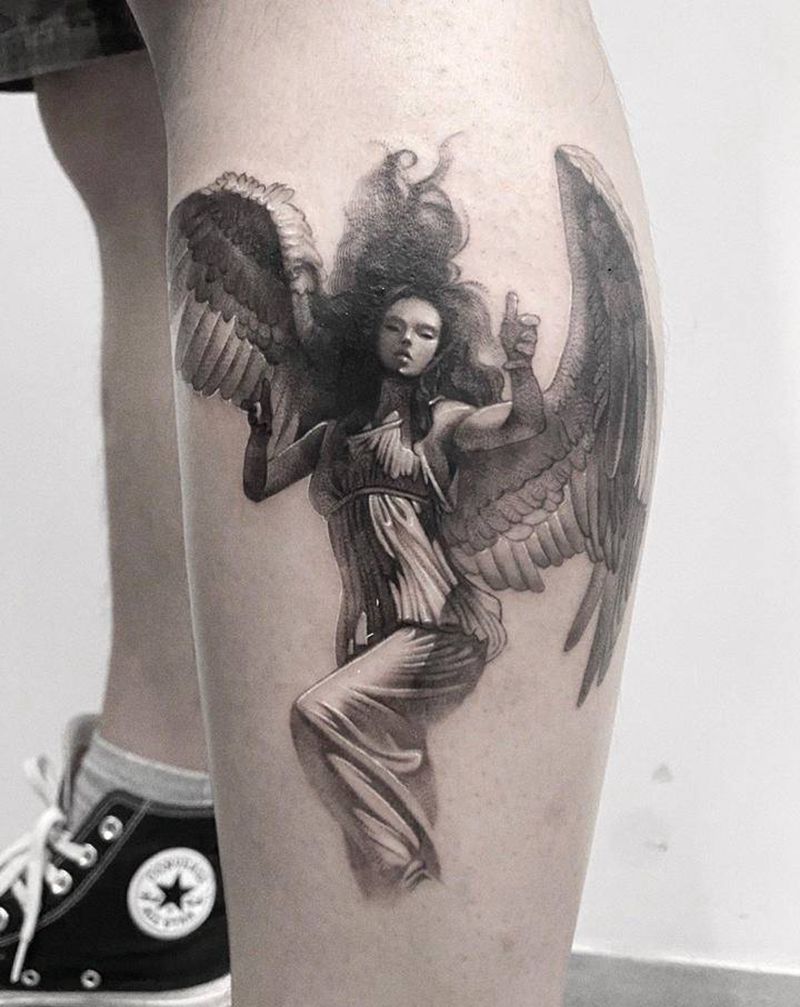 天使系列点刺纹身图片_腿部点刺纹身图案