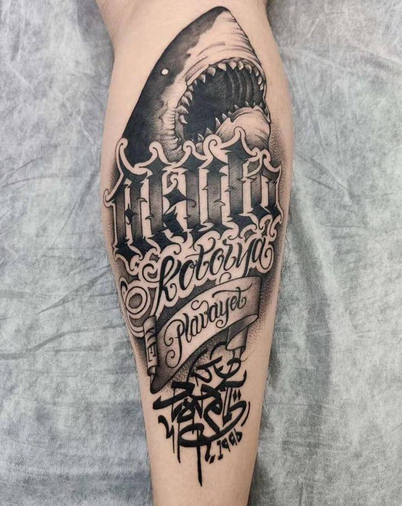 鲨鱼奇卡诺【丰兄作品】纹身图片_腿部花体字原创鲨鱼纹身图案