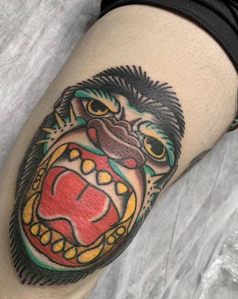 Oldschool【大涵作品】纹身图片_腿部Old School原创猩猩纹身图案