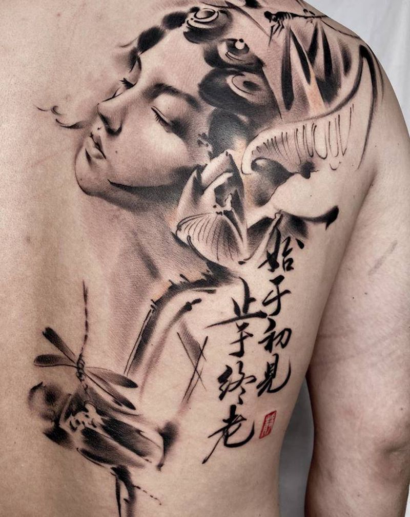 止于终老纹身图片_背部水墨纹身图案