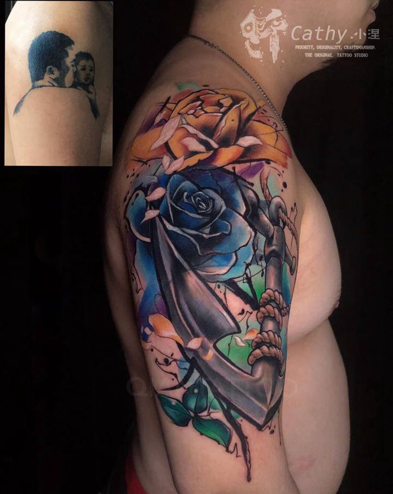 水彩遮盖纹身图片_手臂肩部水彩New School玫瑰花仟纹身图案