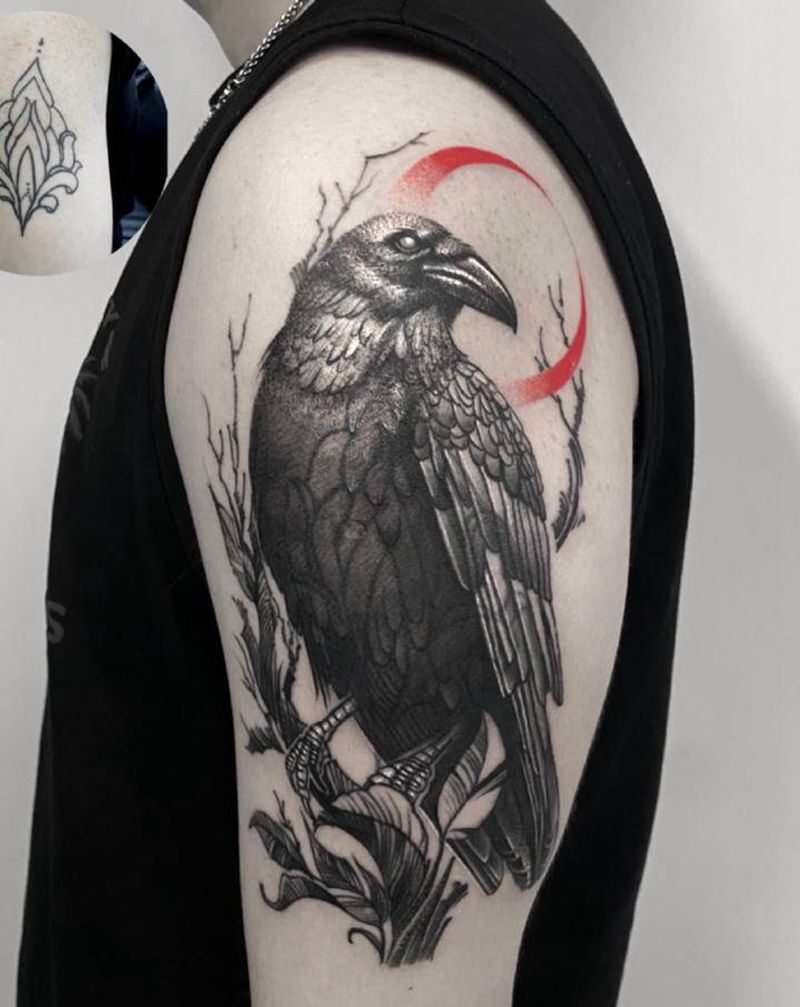 乌鸦遮盖纹身图片_手臂点刺纹身图案