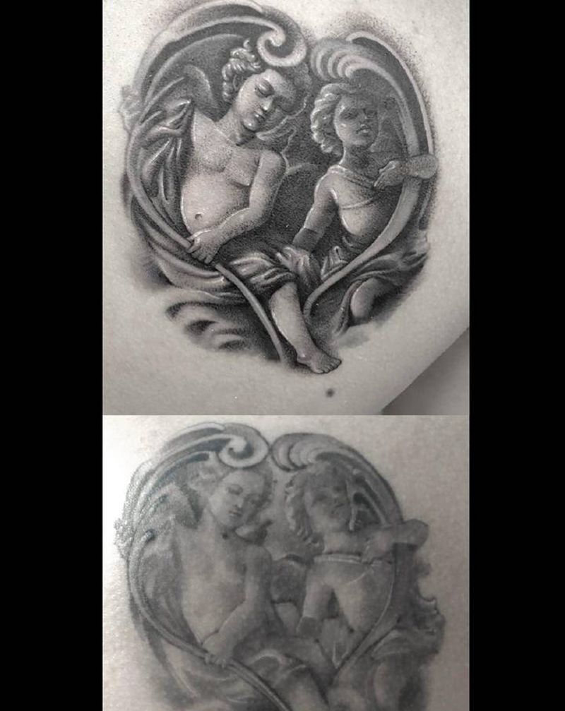 旧天使纹身遮盖修改纹身图片_背部肩部点刺纹身图案