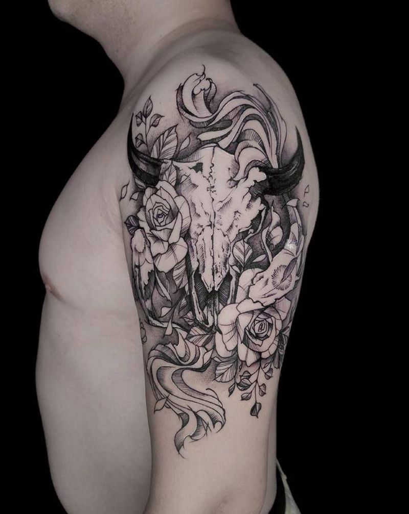 金牛与双鱼【丰兄作品】纹身图片_手臂几何点刺金牛双鱼原创纹身图案