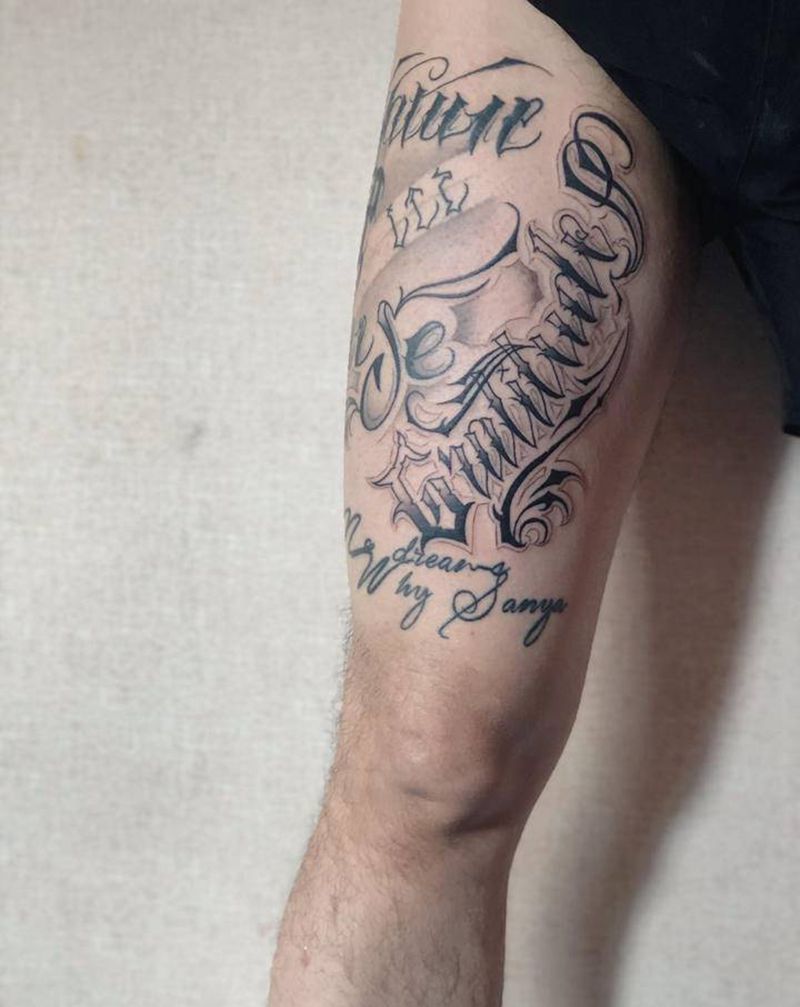 感恩纹身图片_腿部花体字纹身图案