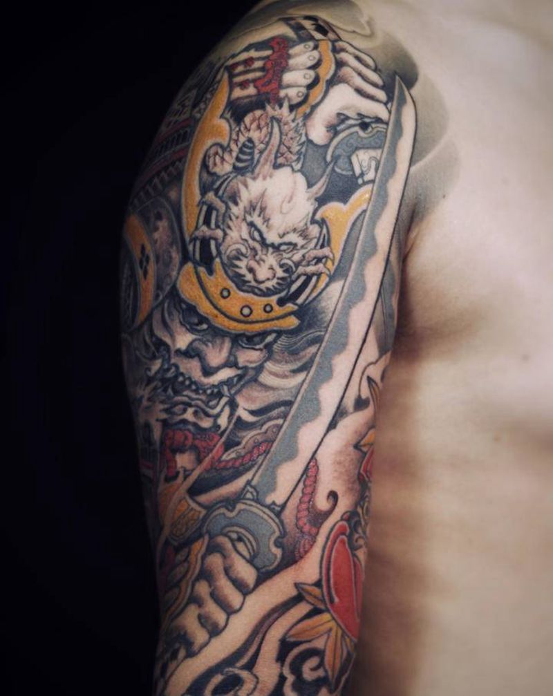 鬼武士刺青纹身图片_手臂新传统纹身图案
