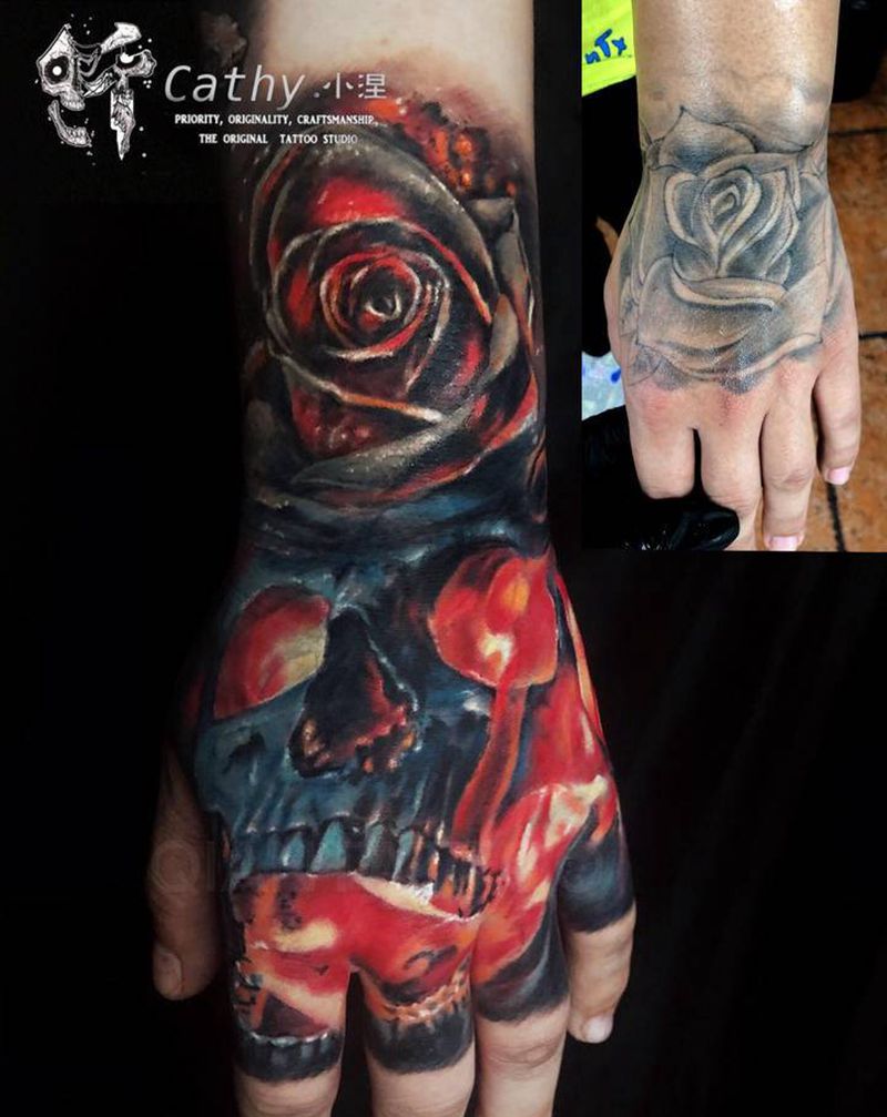遮盖爆手背纹身图片_手臂手部New School欧美写实骷髅遮盖仟纹身图案
