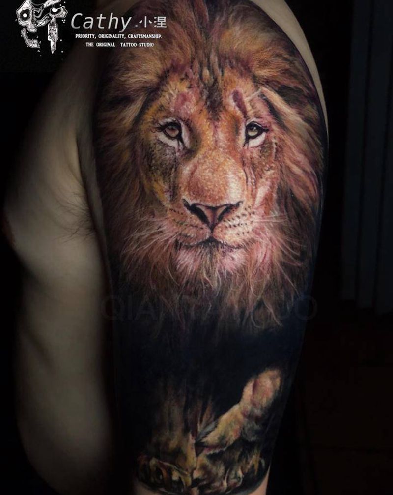 狮子遮盖纹身图片_手臂手部欧美写实New School遮盖狮子仟纹身图案